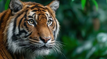 Fototapeta premium Magnificent Sumatran Tiger Portrait Amidst a Verdant Tropical Backdrop