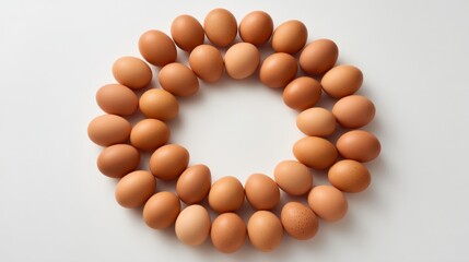 Fresh brown eggs in a circular pattern on white, symbolizing simplicity and natural harmony.
