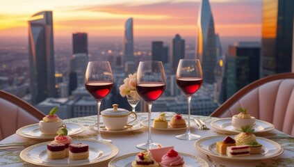 Elegant fine dining experience with red wine overlooking city skyline at sunset