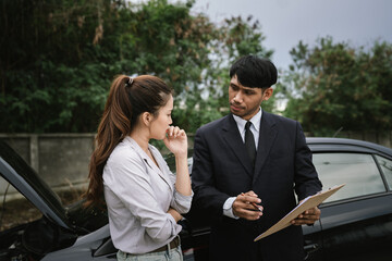 Man inspecting damaged car after crash, documenting insurance claim with mobile phone, showing frustration, analysis, and need for repair service.