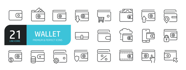 Set of line icons related to wallet, money, payment. Editable stroke. Outline icons collection. Vector illustration stock illustration