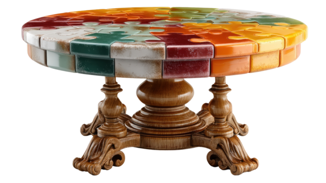 Table with Unique Jigsaw Puzzle Top: A detailed view of a circular table, its surface ingeniously designed with colorful jigsaw puzzle pieces, each uniquely placed to form a cohesive whole. - Powered by Adobe