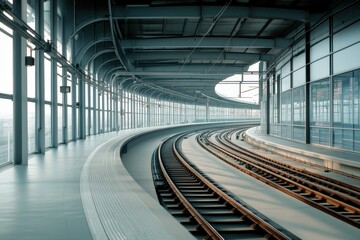 Obraz premium Modern train station interior with curved tracks and glass walls