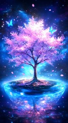 Glowing pink cherry blossom tree on a luminous blue orb, surrounded by butterflies and cosmic dust