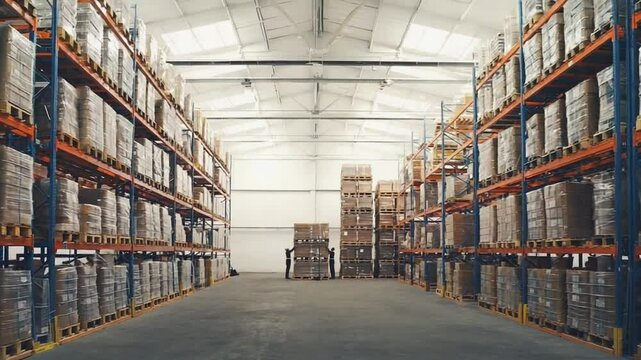 time-lapse pallets ground level to stacking high warehouse. workers stack pallets, track upward, growing volume movement. workers continuous flow energy pallets toward sky
