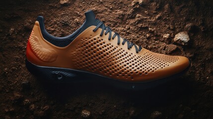Tan running shoe on dirt. Perforated leather upper, chunky sole