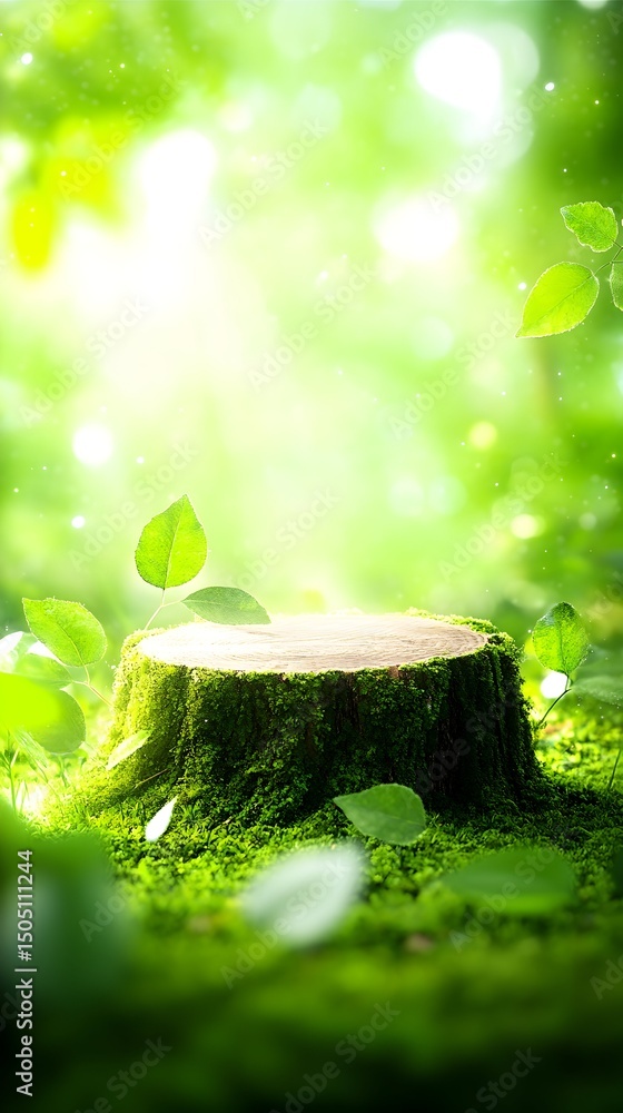 Poster sunlit tree stump in a mossy forest clearing with falling leaves and a bokeh background