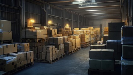 a warehouse filled with boxes and pallets, ready for processing