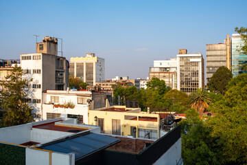 Elevated perspective of Mexico City rooftops with green trees, modern and classic buildings, natural light, and urban landscape, ideal for real estate visuals.