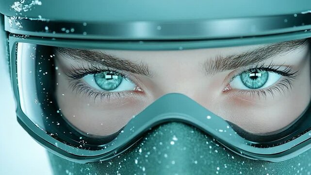 Close-up of Woman's Intense Gaze Through Ski Goggles