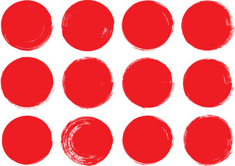 Set of red grunge circles shapes, grunge round shapes. Paint brush stamp collection. Vector brush circle. Red grunge circle stamp.