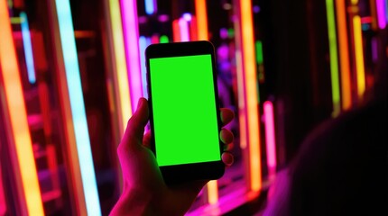 A smartphone with a green screen held against a backdrop of colorful neon lights.