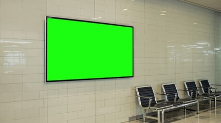 An empty waiting area with a green screen display on the wall ready for advertising.