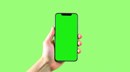 Hand holding a smartphone with a blank green screen for app design and marketing.