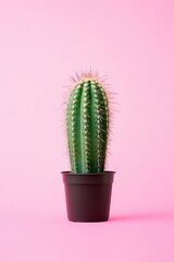 A cactus is in a black pot on a pink background