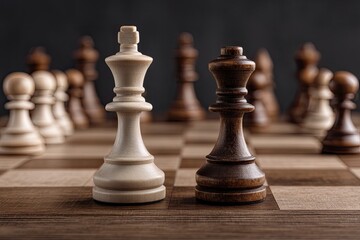 Fototapeta premium A chessboard with the white pieces on the first row, second column, and dark wood pawns in the background. 