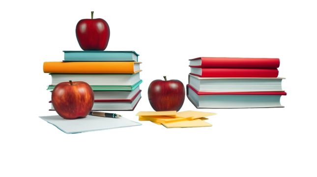 Back to school no background books with school supplies and apples set on wooden floor. with a blackboard background