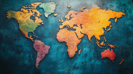 Colorful world map with textured continents on a blue background painting style illustration