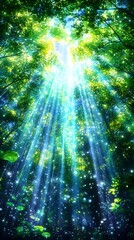 Sunbeams pierce a lush forest canopy, illuminating dust motes and leaves in vibrant greens and blues, creating a magical, ethereal atmosphere