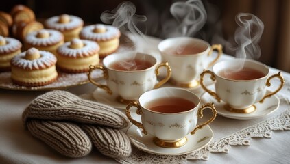 Elegant tea party scene with steaming tea cups and cakes creating a cozy atmosphere