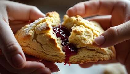 Close-up of Homemade Biscuit with Jam Filling being Gently Pulled Apart