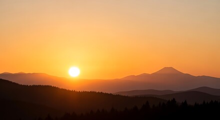 Sunset Over Rolling Mountains and Forest Landscape