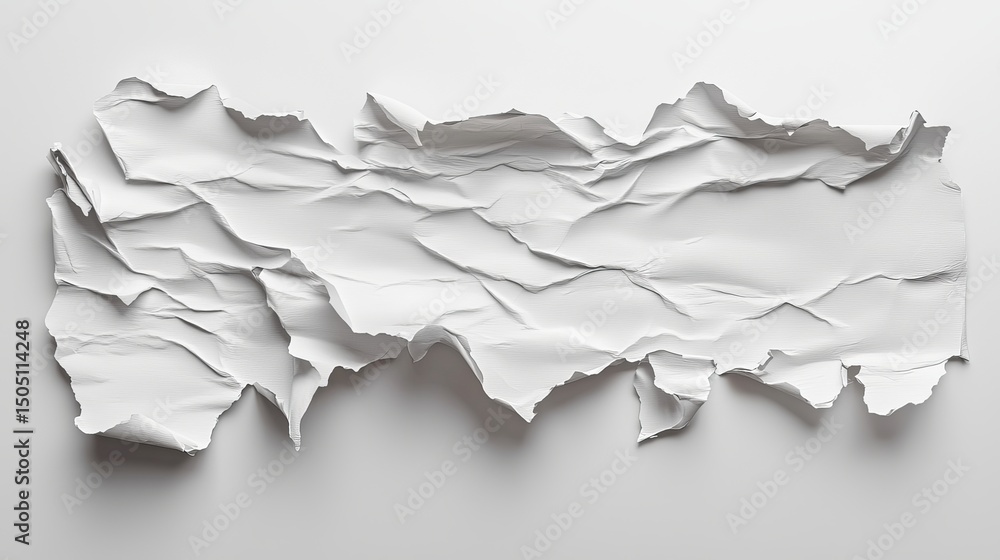 Poster close up of crumpled and torn white paper with rough edges casting soft shadows on a white surface