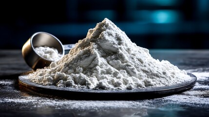 Pile of White Powder with Measuring Scoop on Dark Background