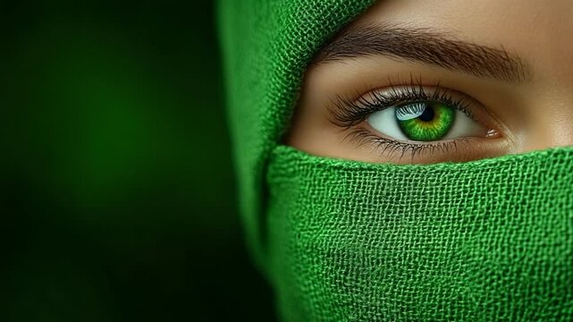 Emerald Enigmatic Gaze: A Close-Up Portrait of a Woman's Eye Partially Concealed by Green Fabric