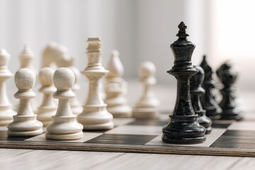Fototapeta premium A chess board with white and black pieces on the table, a stock photo with a simple composition, a feminine color palette, a front view, 