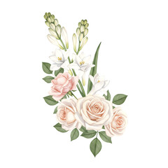 Elegant Floral Arrangement with Roses and Tuberoses in Soft Watercolor Style
