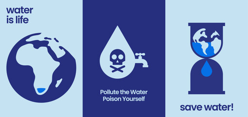 Save water awareness poster highlighting the importance of clean water, global scarcity, and environmental responsibility with bold symbolic illustrations.