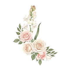 Elegant Watercolor Floral Arrangement Featuring Roses and Tuberose Blooms