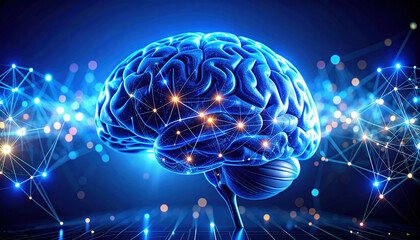 Glowing blue human brain with neural network connections symbolizes innovation and research in neuroscience and technology development