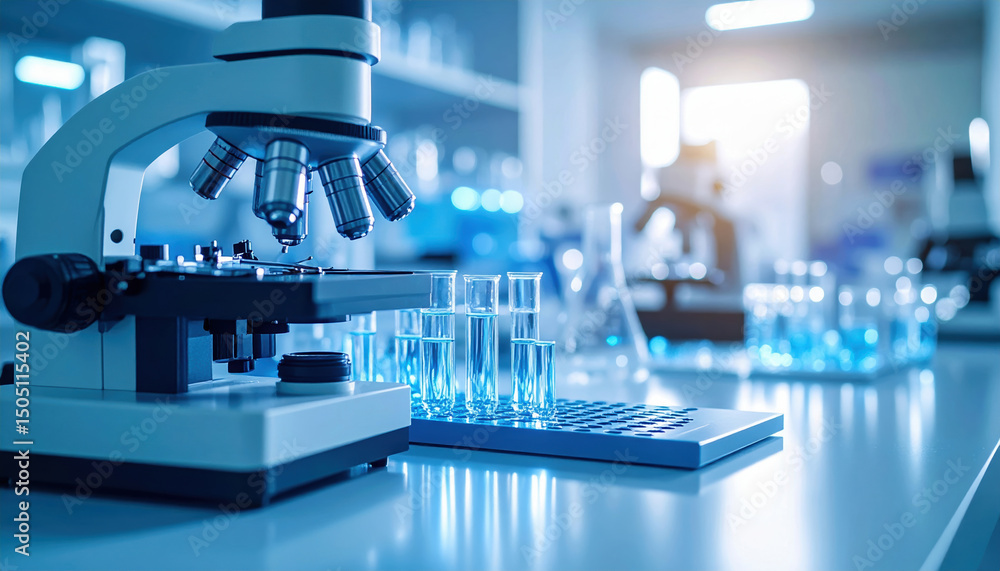 Aufkleber microscope and test tubes in laboratory setting showing innovation and research in science with blue