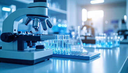 Microscope and test tubes in laboratory setting showing innovation and research in science with blue light and glassware on table