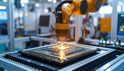 Industrial robotic arm assembling electronic circuit board with precision showcasing innovation and research in advanced manufacturing technology