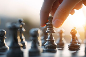 Hand of a businesswoman moving a chess piece in a game, with a blurred background featuring sunlight and a reflection on the board