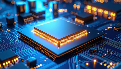Microchip innovation and research drive future of technology with glowing circuits on blue printed circuit board in close up view