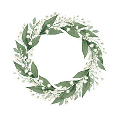 Delicate Lily of the Valley Wreath with Watercolor Green Leaves and White Flowers