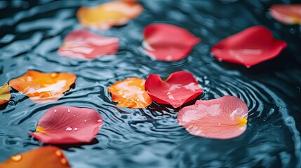 Rose petals adrift in a pool of serene blue water whispering tales of romance and remembrance under subtle diffused