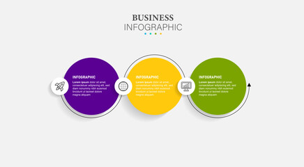 Business Infographics template. Timeline with 3 steps, circles, options and marketing icons. Vector linear infographic elements.