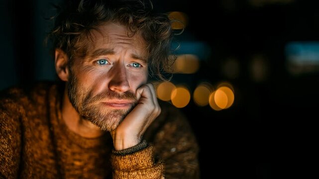 a young man felling sad, boring, exhausted in front of computer monitor.