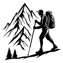 Big set of mountaineer climber hiker people, vector silhouette collection