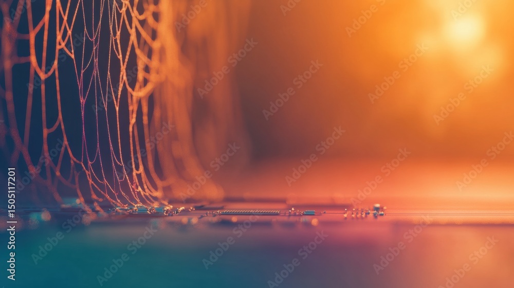 Poster delicate strands of a spiderweb catch warm sunlight, showcasing intricate patterns and textures agai