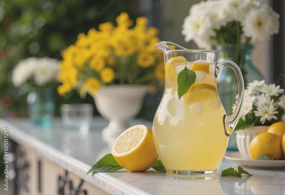 Poster refreshing pitcher of iced lemonade with lemon slices on a patio bar counter