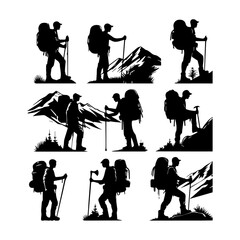 Big set of mountaineer climber hiker people, vector silhouette collection