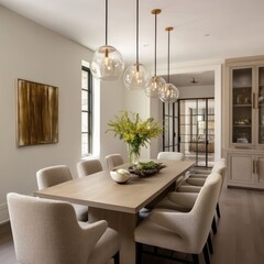 Cozy dining area with a simple table, neutral-colored chairs, and soft, warm pendant lighting.