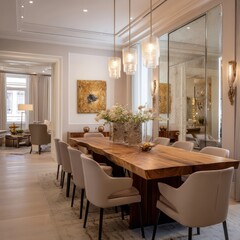 Stylish dining room with a wooden table, modern chairs, and soft lighting fixtures.
