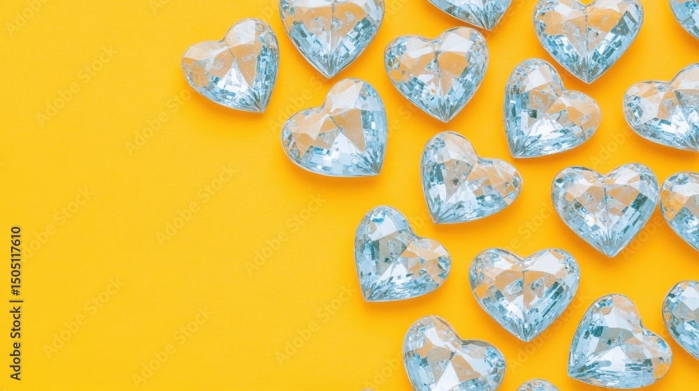 Poster scattered heart-shaped gems in various sizes glisten on a yellow background, creating a playful and 